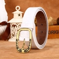 White leather belt for women featuring daisy floral embossing and bronze buckle - White