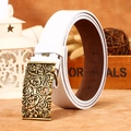 Vintage white leather belt for women featuring a bohemian bronze hollowed-out floral buckle - White