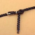Dark brown woven PU leather skinny belt for women with a polished gold U-shaped metal buckle - Coffee