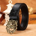 Ceinture noire en cuir rétro avec relief floral et boucle creuse en bronze pour jean - Noir