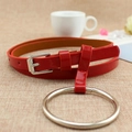 Women's red patent leather thin belt with large silver metal ring buckle and pin - Red