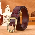 Vintage dark wine red leather belt with floral embossing and antique brass buckle - Coffee