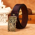 Cintura retrò in pelle marrone scuro con goffratura floreale e fibbia in bronzo traforata - caffè