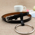 Slim black PU leather belt for women featuring a large silver metal ring and pin buckle - Black