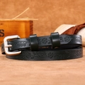 Elegant thin black leather belt for women with embossed floral patterns and silver buckle - Dark Green