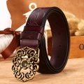 Ceinture vintage en cuir marron rougeâtre pour femmes avec motifs floraux et boucle en bronze - Café Foncé