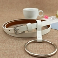Slim white PU leather belt for women featuring a stylish large silver metal ring buckle - White