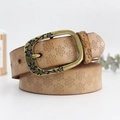 Vintage hellbrauner Ledergürtel für Damen mit geprägtem Blumenmuster und Messingschnalle - Reiskamel