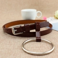 Dark reddish-brown PU leather thin belt for women with large silver metal ring decor - Coffee