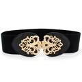 Schwarzer elastischer Damen-Taillengürtel mit goldener Vintage-Blumen-Metallschnalle - Schwarz / 65cm
