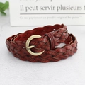 Fine ceinture tressée en cuir véritable bordeaux avec boucle ronde en bronze - Bordeaux