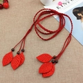 Handmade red braided waist rope belt with leaf charms and brown wooden beads - Red