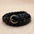 Ceinture tressée en cuir noir pour femme avec boucle ronde en bronze vintage - Noir