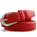 Ceinture femme en cuir rouge avec boucle argentée gravée de fleurs et coutures de qualité - Rouge