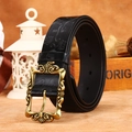 Vintage-Ledergürtel in Schwarz mit floraler Prägung und antikgoldener Schnalle - Schwarz