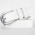 White genuine leather belt for women with engraved floral silver buckle and double loops - White