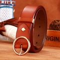 Brown leather belt with golden round buckle and adjustable holes for jeans - Camel