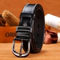 Classic black leather belt with white contrast stitching and silver pin buckle - Black