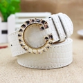 White faux leather belt with stone texture and gold rhinestone encrusted G buckle - White