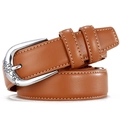 Ceinture en cuir marron avec boucle D argentée gravée de fleurs et coutures contrastées - Chameau