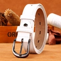 White leather jeans belt with dark gunmetal buckle and decorative stitching - White