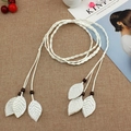 Beige woven waist chain with decorative white leaf pendants and dark wooden beads - White