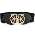 Cintura elastica larga da donna con fibbia a cuore dorata e dettagli in pelle nera eleganti - 65cm / Nero