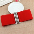 Bright red elastic waist belt for women with silver metal interlocking buckle closure - Red / 75cm