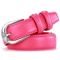Ceinture rose pour femme en cuir avec boucle argentée fleurie et doubles passants - Rose rouge