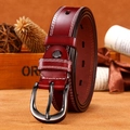 Cintura in pelle bordeaux con cuciture bianche e fibbia ad ardiglione per jeans - Rosso Marrone