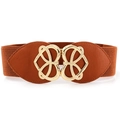 Cintura elastica marrone larga per abiti con fibbia geometrica dorata a cuore - 65cm / Cammello