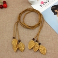 Bohemian braided thin belt with wooden beads and golden leaf pendants in camel color - Gold