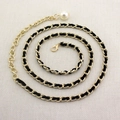 Elegant gold metal waist chain with black leather weaving and white pearl pendant - Black