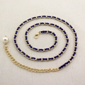 Elegant gold metal chain belt with dark blue velvet ribbon and large pearl drop - Royal Blue