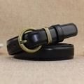 Classic black leather belt for women with vintage bronze round buckle and stitched finish - Black