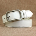Women's minimalist white leather belt featuring a silver square buckle and double stitching - White