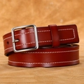 Ceinture femme en cuir marron rougeâtre avec coutures blanches et boucle argentée - Rouge Marron