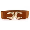 Brede elastische damesriem met bruine stretchband en gouden U-vormige gesp sluiting - 65cm / camel