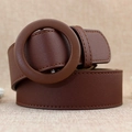 Brown leather waist belt for women with large circular buckle and textured finish - Coffee