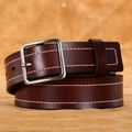 Women's dark brown genuine leather belt with white stitching and silver square buckle - Coffee