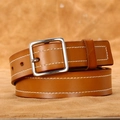 Vintage brown leather belt for women with white stitching and silver square buckle - Camel