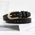 Women's slim black leather belt with golden horseshoe buckle and perforated design - Black