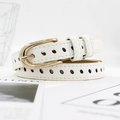 White minimalist thin leather belt with golden horseshoe buckle and perforated design - White