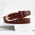 Women's slim dark red belt with golden horseshoe buckle and hollow out leather detail - Reddish Brown