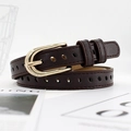 Slim dark brown waist belt with golden horseshoe buckle and perforated details - Dark Coffee