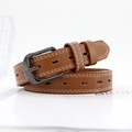 Cintura sottile in pelle marrone con cuciture bianche e fibbia ad ardiglione per donna - Cammello