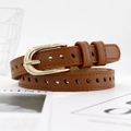 Brown slim PU leather belt with gold horseshoe buckle and perforated design - Camel