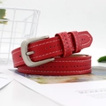 Slim red leather belt with white contrast stitching and silver pin buckle for women - Red