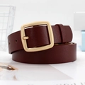 Retro dark reddish-brown leather belt for women with a matte gold square metal buckle - Reddish Brown