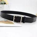 Women's black litchi pattern leather belt with silver square buckle and adjustable holes - Black